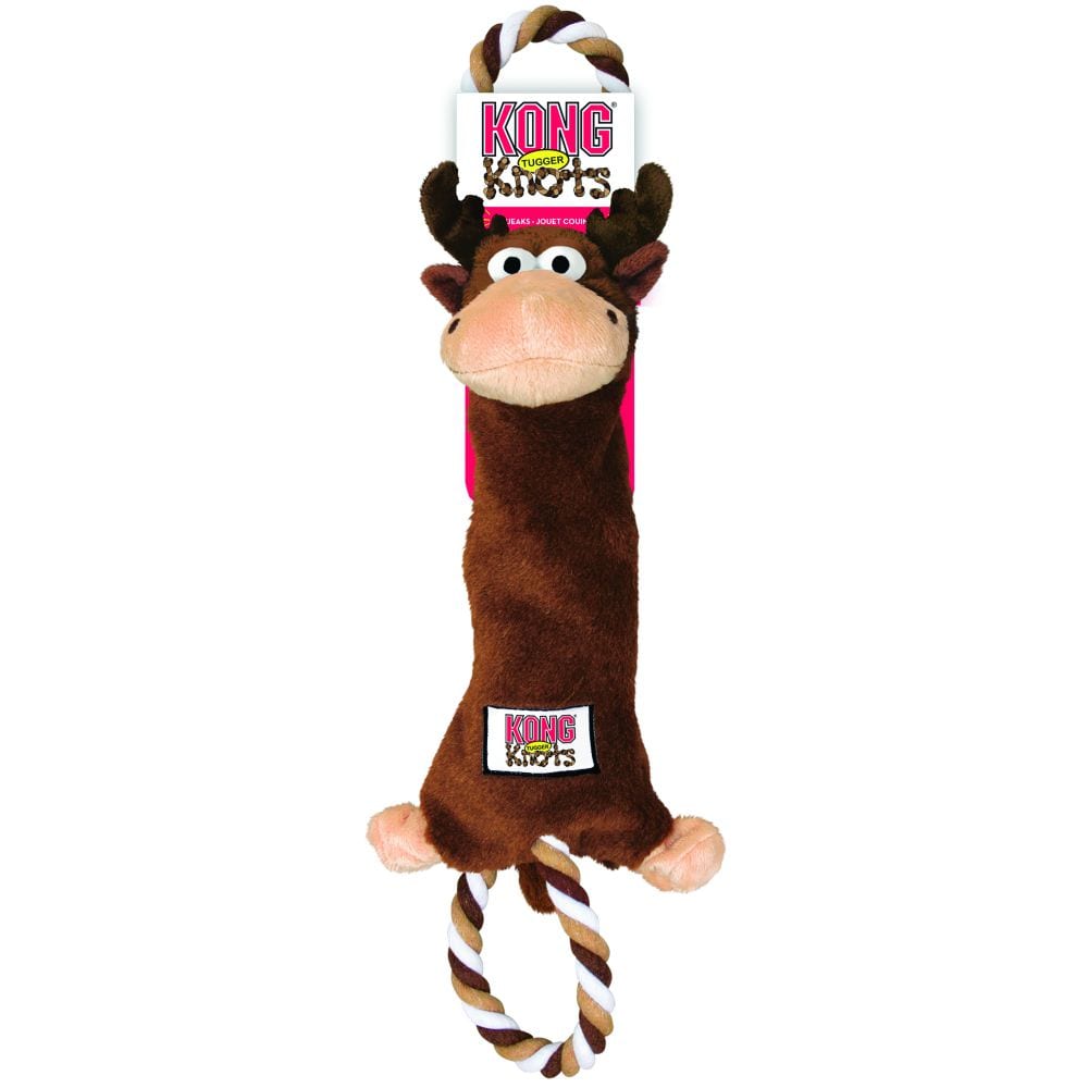 KONG Tugger Knots Moose צעצוע משיכה לכלבים מבית קונג ארה"ב הצעצוע עשוי מחבלים חזקים ועמידים עטופים בבובת מוס מבד. מומלץ לכלבים שאוהבים לנער את בובת המשחק או לשחק במשיכות עם הבעלים או כלבים אחרים. יכול לשמש גם כמשחק תעסוקה מצפצף.