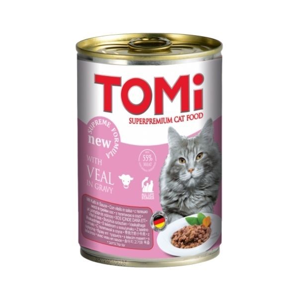 טומי שימורים עגל לחתולים - חתיכות ברוטב – 400 גרם TOMI 400G CAN FOR CATS – VEAL מזון מלא עם חתיכות בשר עסיסיות המבושלות בציר הטבעי .