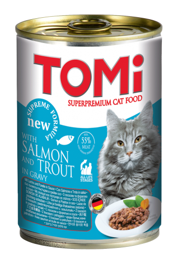 טומי שימורים סלמון ופורל לחתולים - חתיכות ברוטב – 400 גרם TOMI 400G CAN FOR CATS – SALMON AND TROUT מזון מלא עם חתיכות בשר עסיסיות המבושלות בציר הטבעי . המעדן מכיל 55% בשר ויספק את כל הצרכים התזונתיים של חתולכם.
