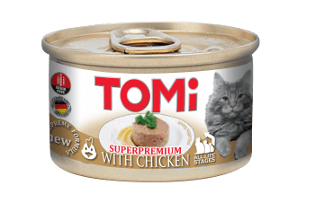 טומי פטה נתחי עוף TOMI 85G CAT FOOD WITH CHICKEN מעדן 85 גרם לחתול מבית טומי גרמניה מעדן פטה עשיר המותאם לכל שלבי חיי החתול.