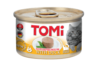 טומי פטה נתחי ברווז TOMI 85G CAT FOOD WITH DUCK מעדן 85 גרם לחתול מבית טומי גרמניה מעדן פטה עשיר המותאם לכל שלבי חיי החתול.