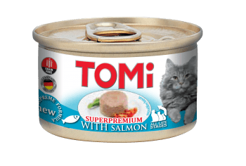 טומי פטה נתחי סלמון TOMI 85G CAT FOOD WITH SALMON מעדן 85 גרם לחתול מבית טומי גרמניה מעדן פטה עשיר המותאם לכל שלבי חיי החתול.