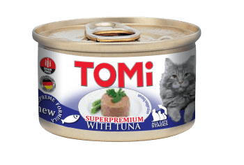 טומי פטה נתחי טונה TOMI 85G CAT FOOD WITH TUNA מעדן 85 גרם לחתול מבית טומי גרמניה מעדן פטה עשיר המותאם לכל שלבי חיי החתול.